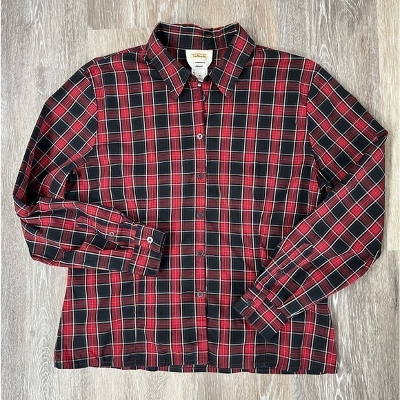 VINTAGE Talbots stretch red & black plaid button front shirt, size medium. - Picture 1 of 6